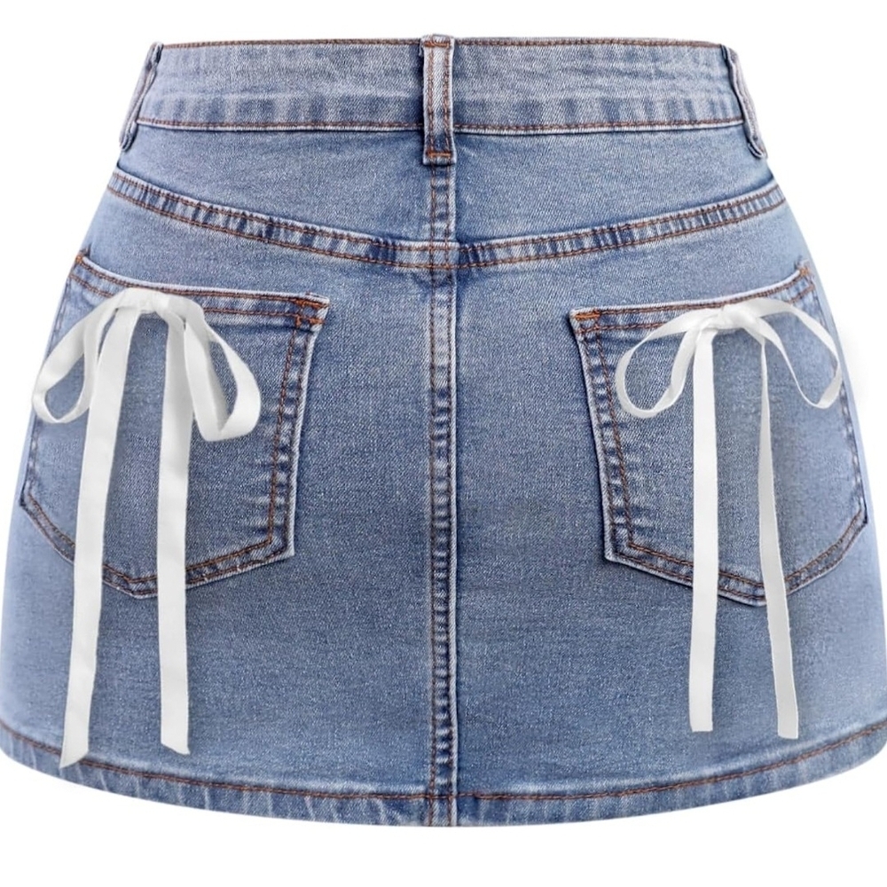 Trendy Denim Mini Skirt with White Ties